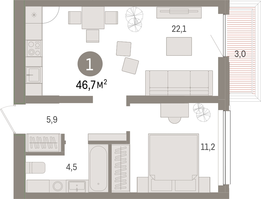 1-комнатная квартира в ЖК SOUL на 19 этаже в 1 секции. Сдача в 4 кв. 2026 г.