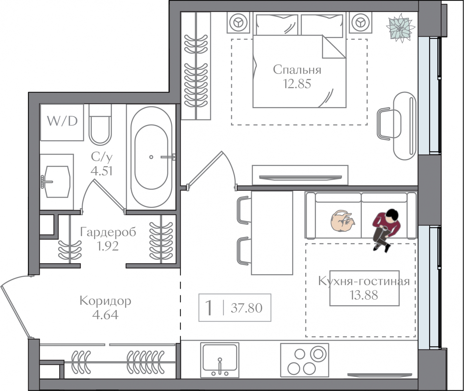 1-комнатная квартира (Студия) с отделкой в ЖК SOUL на 24 этаже в 1 секции. Сдача в 4 кв. 2026 г.