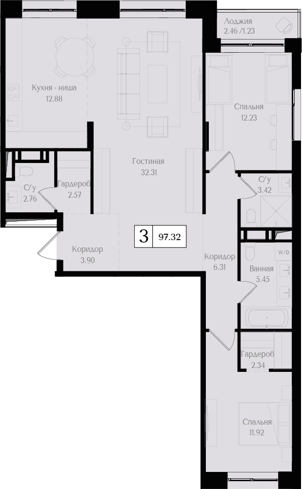1-комнатная квартира в ЖК BAKUNINA 33 на 7 этаже в 1 секции. Сдача в 1 кв. 2025 г.