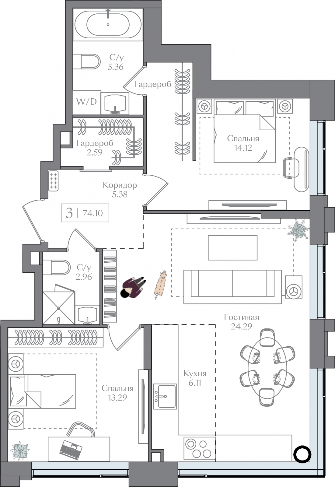 3-комнатная квартира с отделкой в ЖК SOUL на 14 этаже в 1 секции. Сдача в 4 кв. 2026 г.