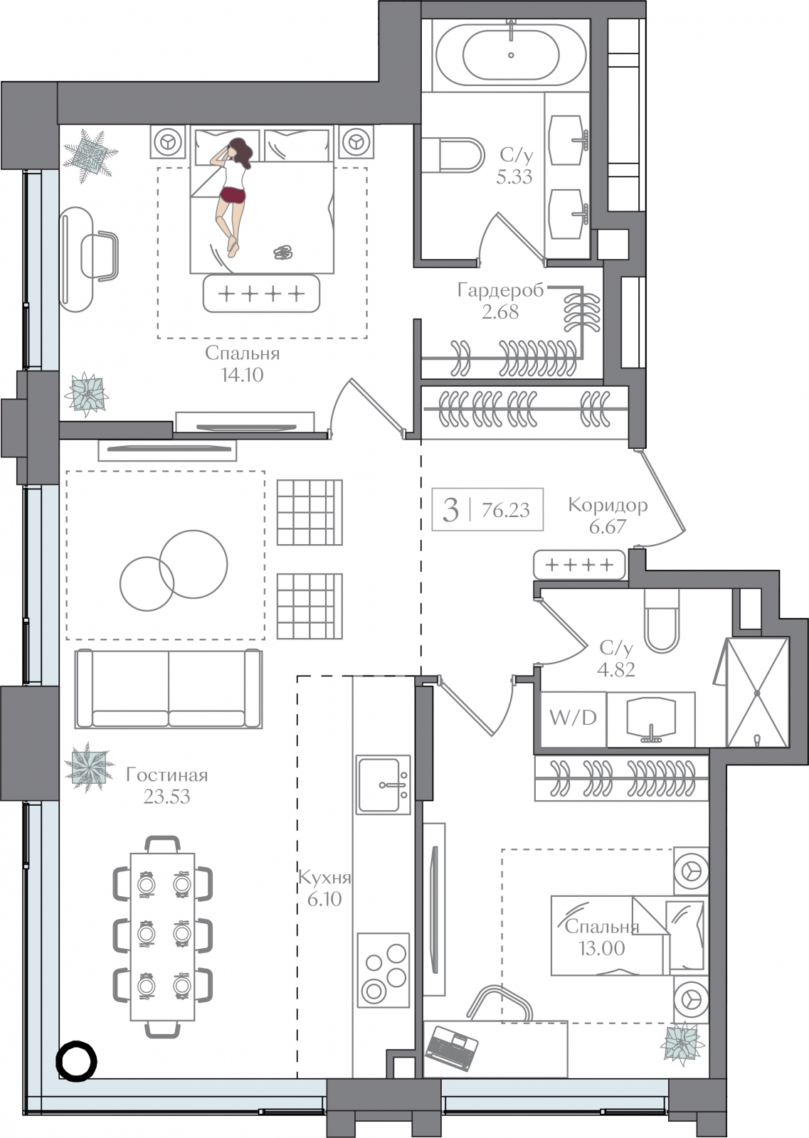 1-комнатная квартира (Студия) с отделкой в ЖК SOUL на 16 этаже в 1 секции. Сдача в 4 кв. 2026 г.
