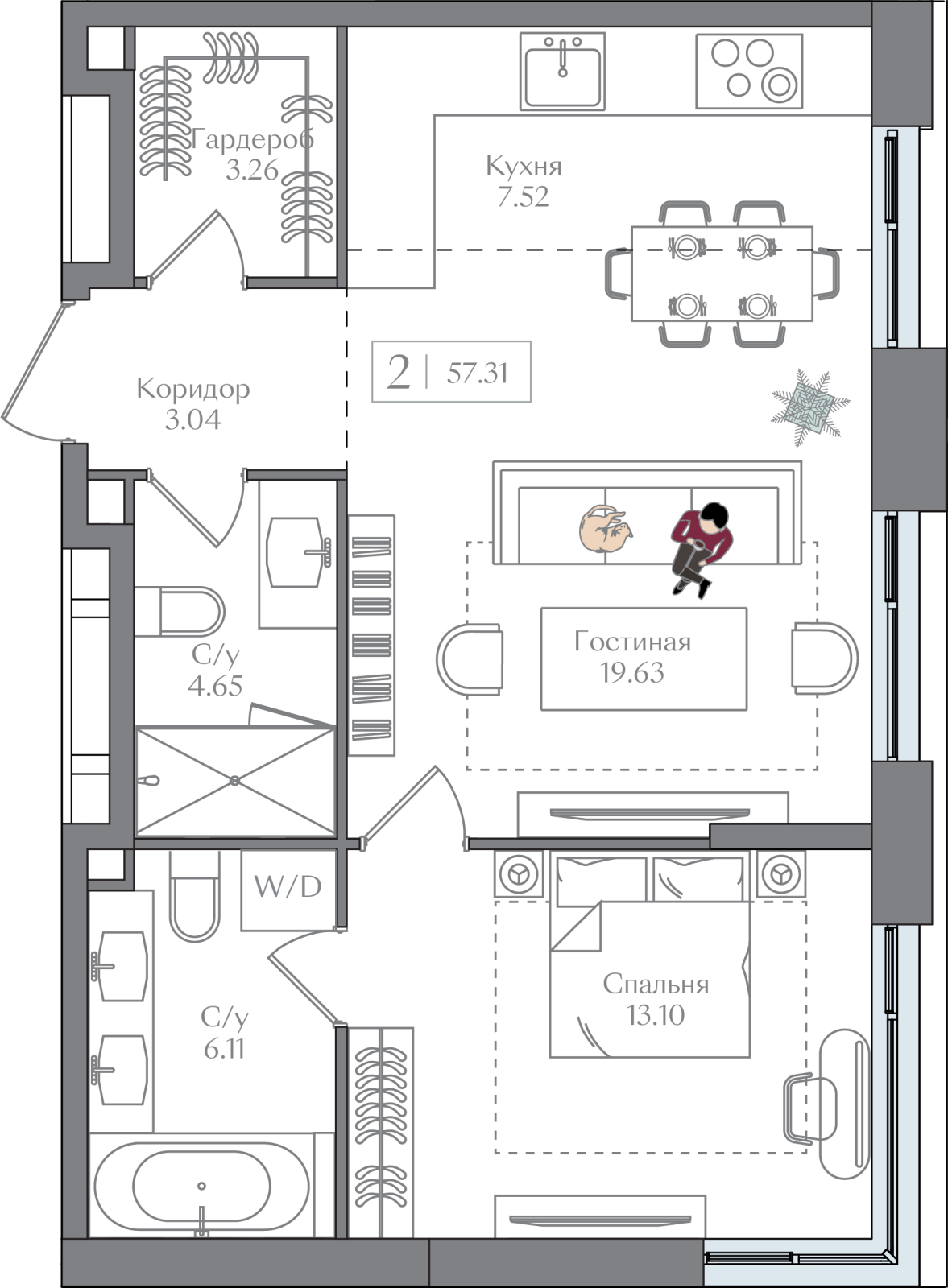 2-комнатная квартира с отделкой в ЖК Eniteo на 12 этаже в 1 секции. Дом сдан.