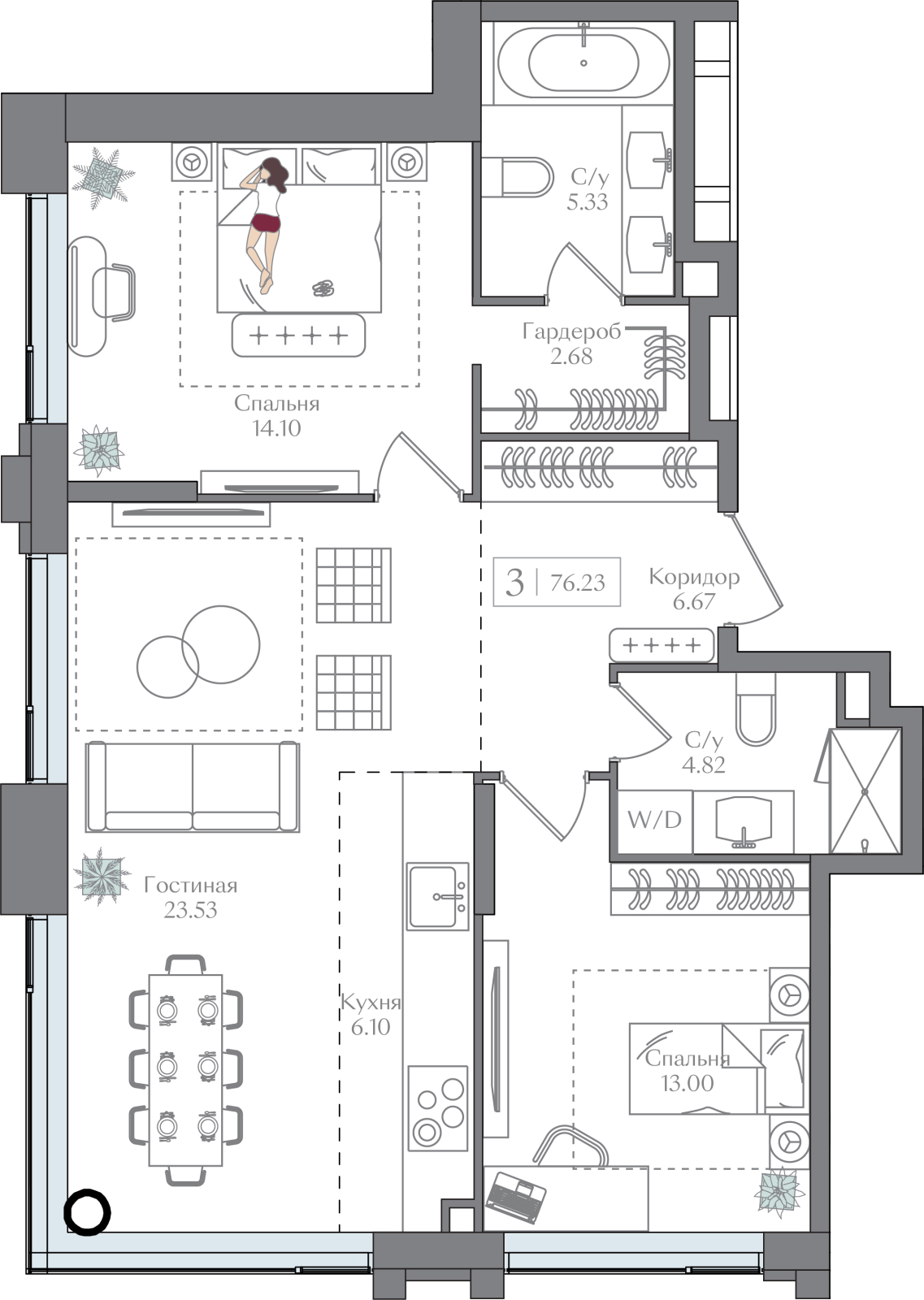 2-комнатная квартира в ЖК BAKUNINA 33 на 6 этаже в 3 секции. Сдача в 1 кв. 2025 г.