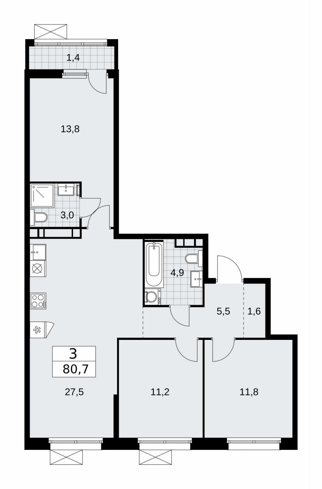 3-комнатная квартира в ЖК Скандинавия на 11 этаже в 3 секции. Сдача в 2 кв. 2026 г.