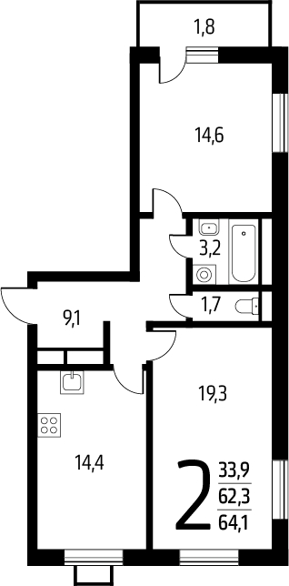 2-комнатная квартира в ЖК Деснаречье на 11 этаже в 4 секции. Сдача в 1 кв. 2026 г.