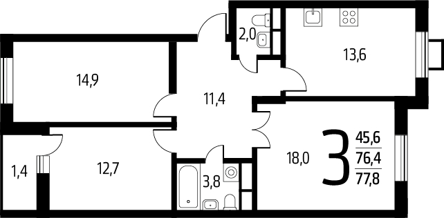 2-комнатная квартира в ЖК Деснаречье на 12 этаже в 4 секции. Сдача в 1 кв. 2026 г.