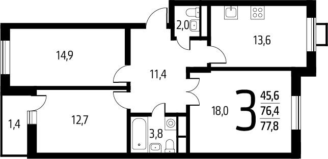3-комнатная квартира в ЖК Деснаречье на 4 этаже в 5 секции. Сдача в 1 кв. 2026 г.