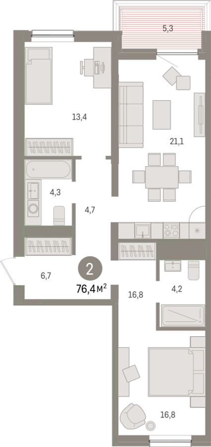 2-комнатная квартира с отделкой в ЖК AVrorA на 13 этаже в 8 секции. Сдача в 3 кв. 2022 г.