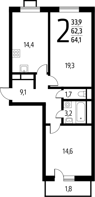2-комнатная квартира в ЖК Деснаречье на 3 этаже в 1 секции. Сдача в 1 кв. 2026 г.