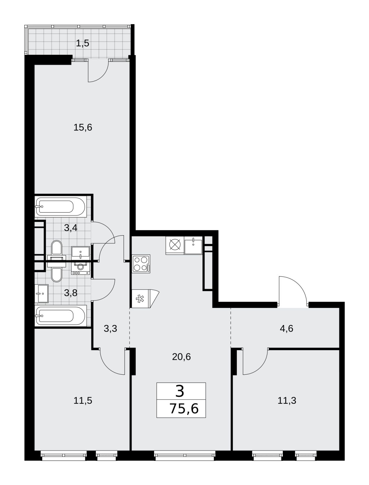 3-комнатная квартира с отделкой в ЖК AVrorA на 3 этаже в 6 секции. Сдача в 3 кв. 2022 г.
