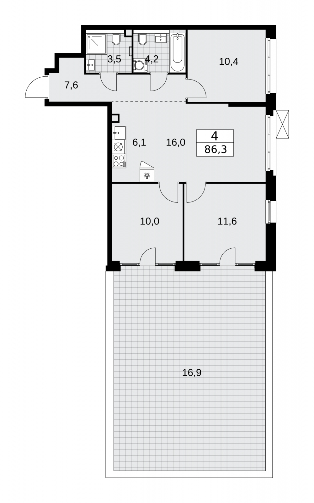 3-комнатная квартира с отделкой в ЖК AVrorA на 9 этаже в 6 секции. Сдача в 3 кв. 2022 г.