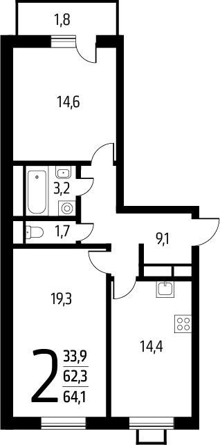 2-комнатная квартира с отделкой в ЖК Новые Ватутинки. Заречный на 8 этаже в 1 секции. Сдача в 1 кв. 2025 г.