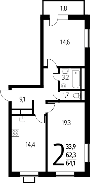 2-комнатная квартира в ЖК Инноватор на 13 этаже в 1 секции. Сдача в 1 кв. 2024 г.
