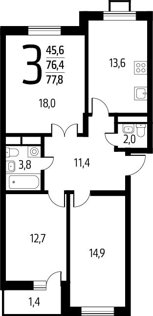 3-комнатная квартира в ЖК Интеллигент на 23 этаже в 1 секции. Сдача в 2 кв. 2024 г.