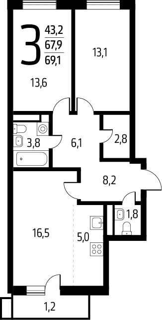 3-комнатная квартира в ЖК Преображенская площадь на 9 этаже в 4 секции. Сдача в 3 кв. 2024 г.
