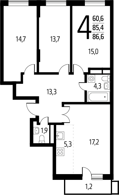 3-комнатная квартира в ЖК Интеллигент на 10 этаже в 1 секции. Сдача в 2 кв. 2024 г.