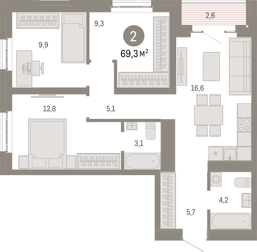 2-комнатная квартира в ЖК Преображенская площадь на 5 этаже в 2 секции. Сдача в 3 кв. 2024 г.