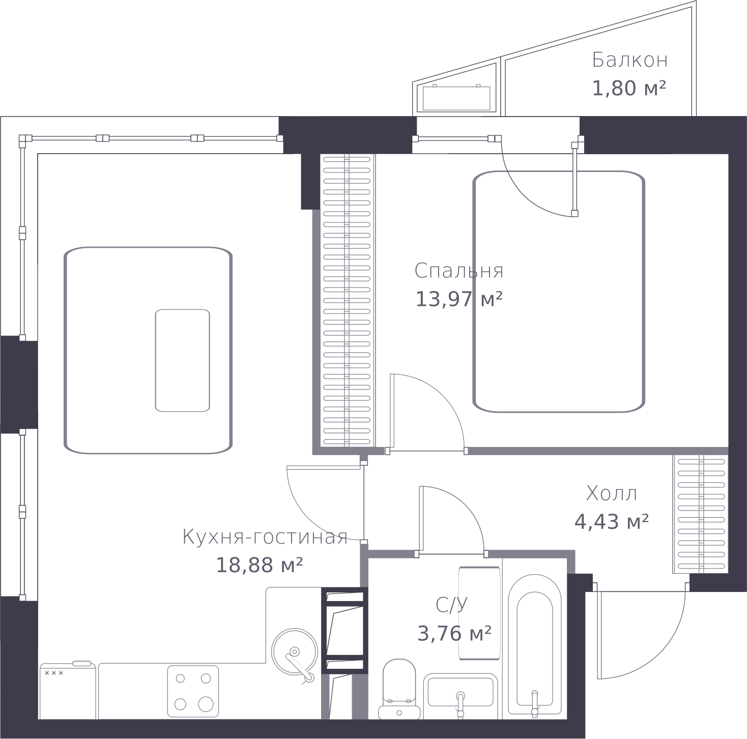 3-комнатная квартира в ЖК Преображенская площадь на 5 этаже в 2 секции. Сдача в 3 кв. 2024 г.