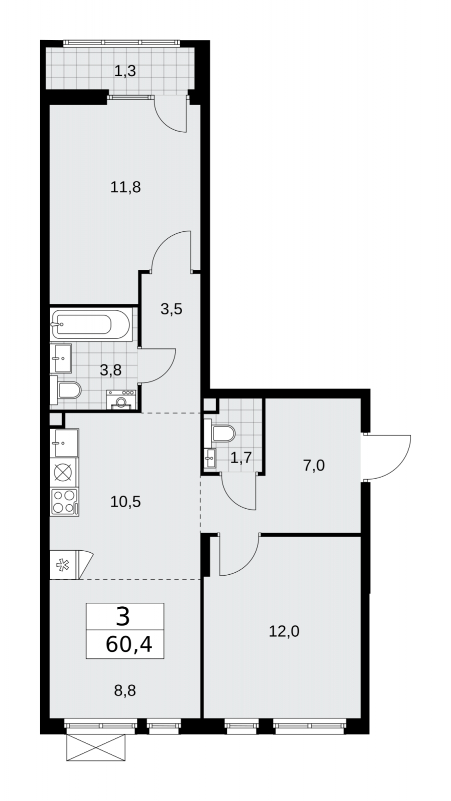 3-комнатная квартира в ЖК SOUL на 11 этаже в 1 секции. Сдача в 4 кв. 2026 г.