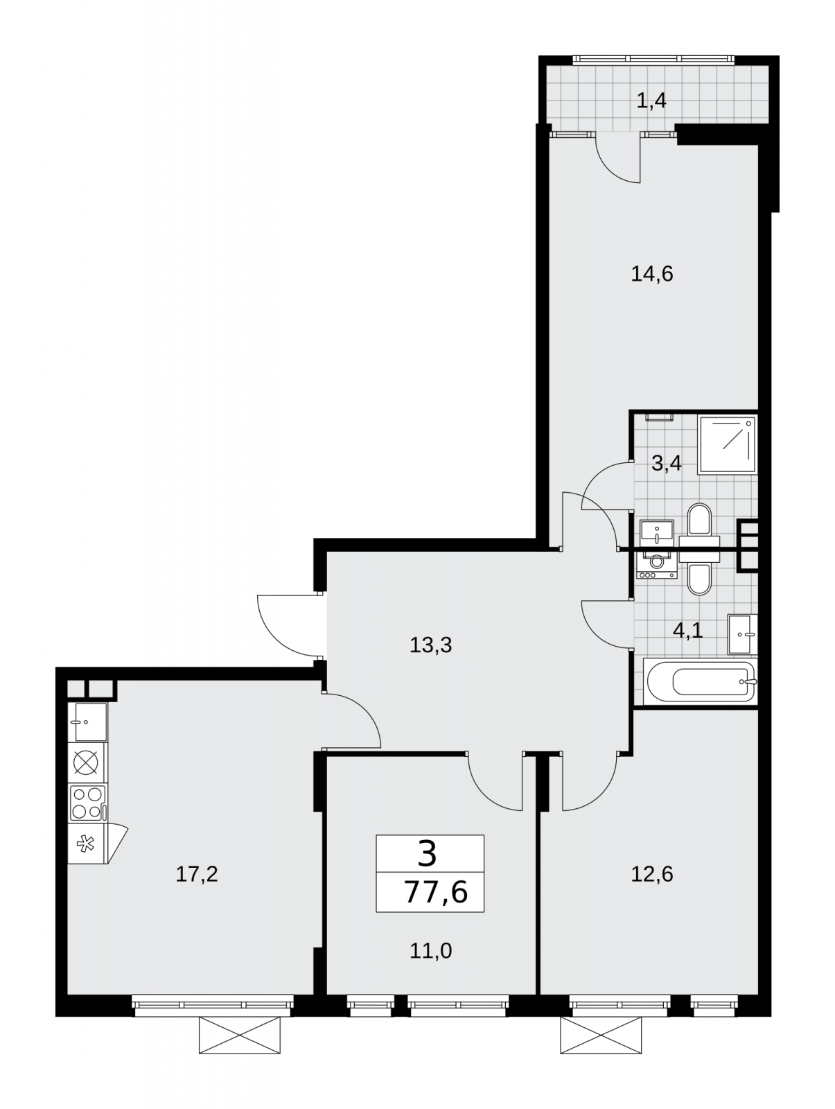 3-комнатная квартира с отделкой в ЖК Зарека на 3 этаже в 3 секции. Сдача в 3 кв. 2026 г.
