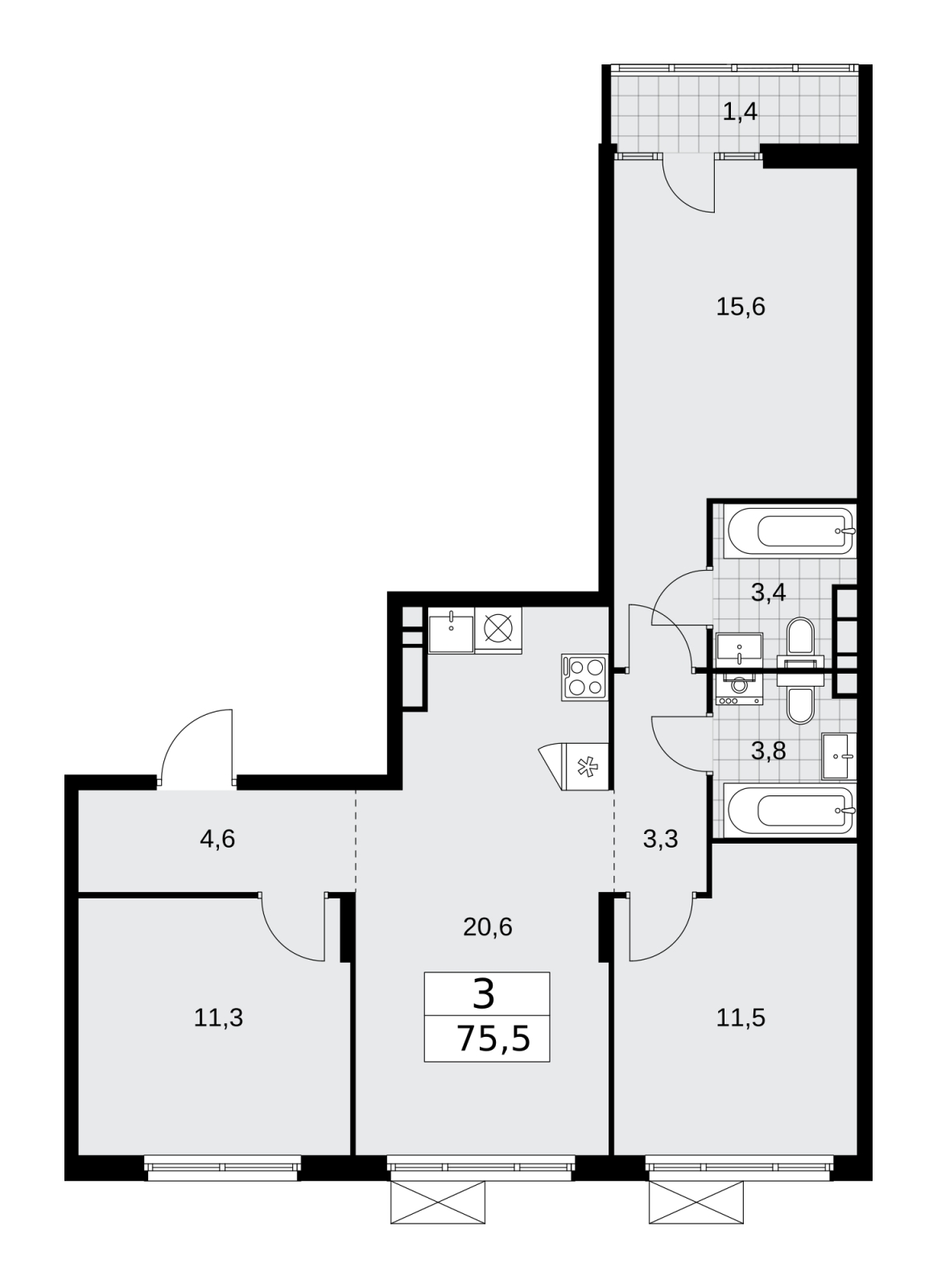 3-комнатная квартира в ЖК Деснаречье на 12 этаже в 2 секции. Сдача в 1 кв. 2026 г.