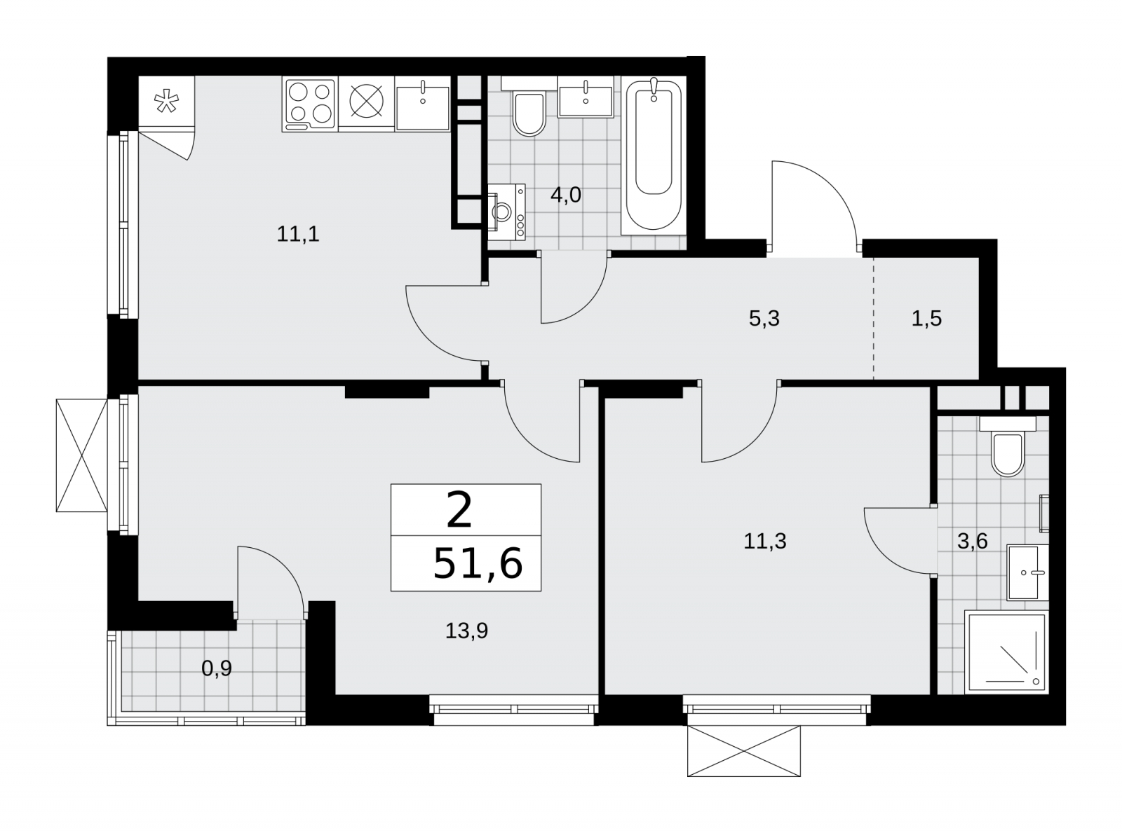 2-комнатная квартира в ЖК Преображенская площадь на 16 этаже в 1 секции. Сдача в 3 кв. 2024 г.