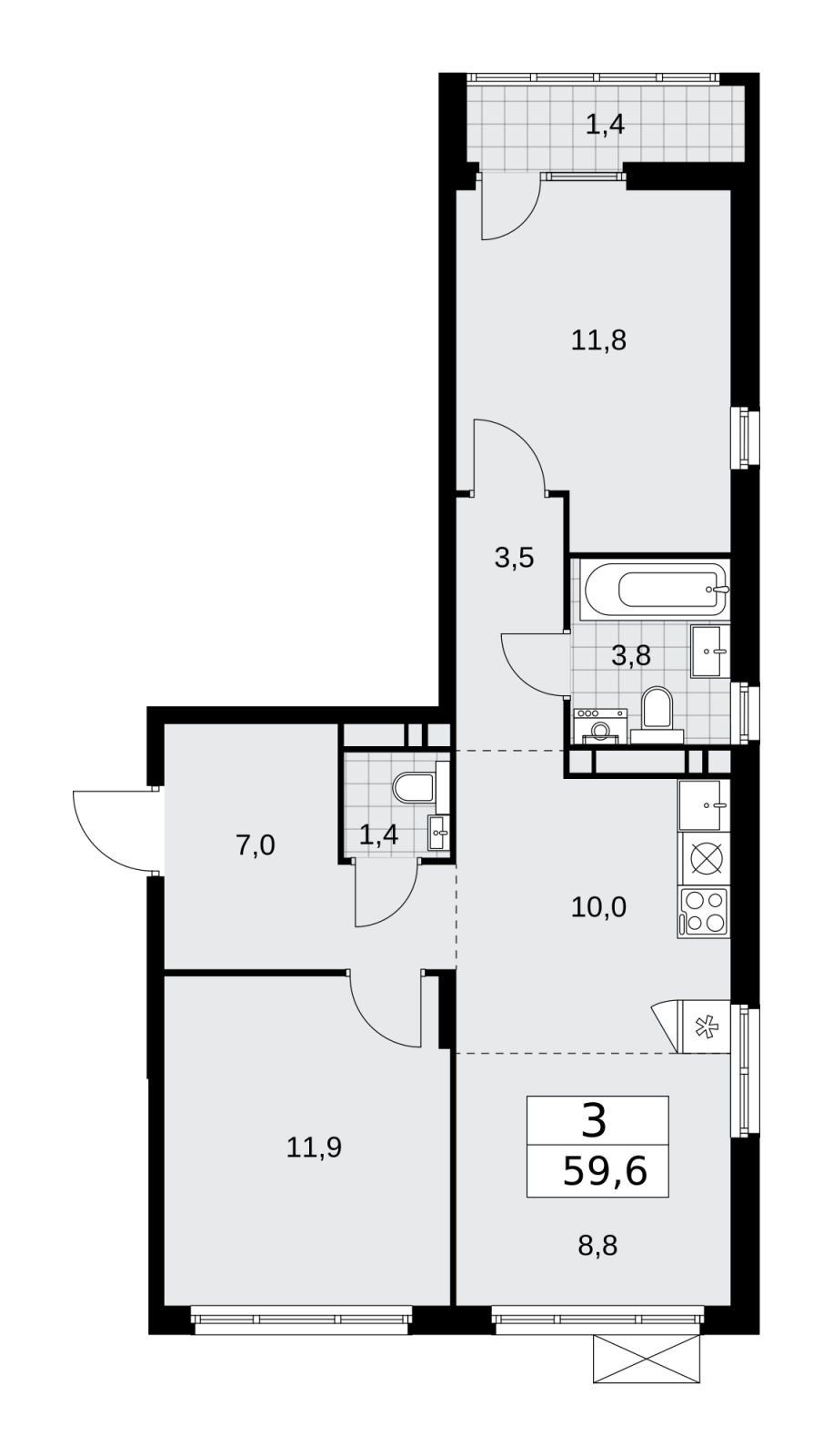 3-комнатная квартира в ЖК Деснаречье на 9 этаже в 1 секции. Сдача в 1 кв. 2026 г.