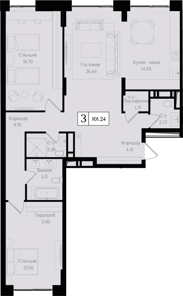 3-комнатная квартира в ЖК Преображенская площадь на 6 этаже в 3 секции. Сдача в 3 кв. 2024 г.