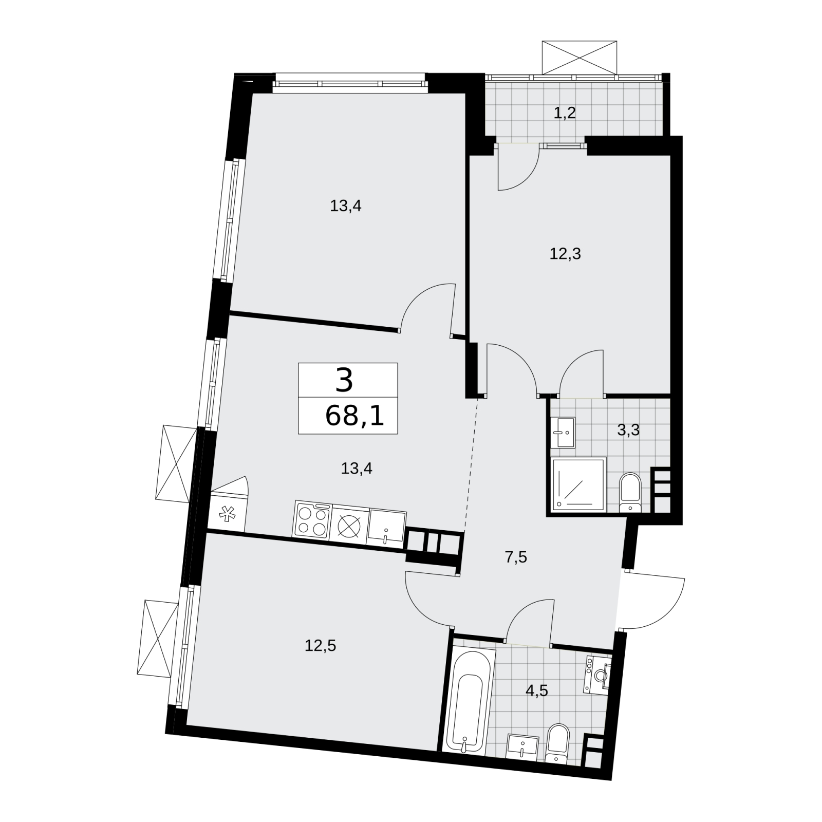3-комнатная квартира в ЖК Деснаречье на 9 этаже в 2 секции. Сдача в 1 кв. 2026 г.