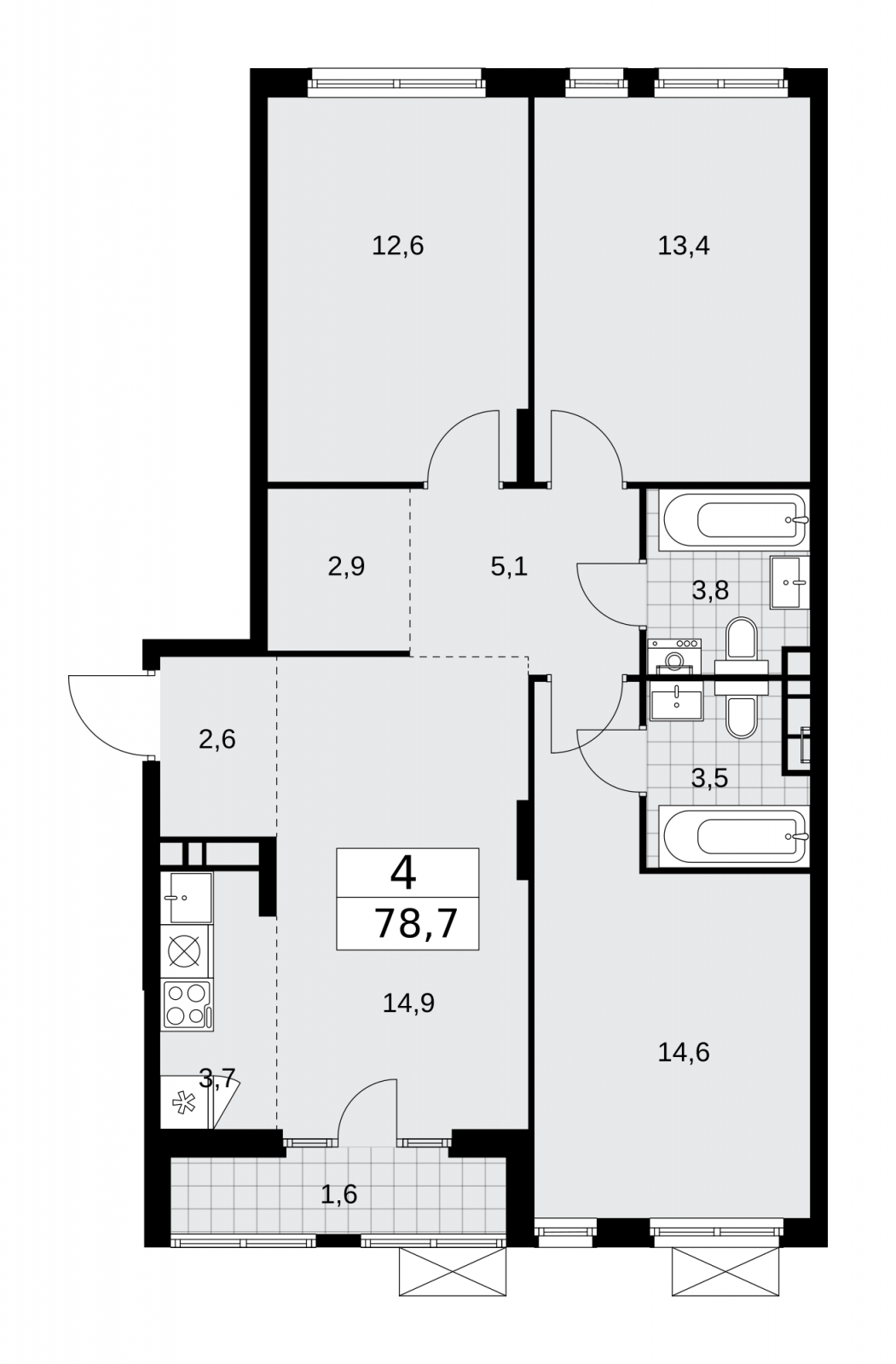 3-комнатная квартира в ЖК Деснаречье на 5 этаже в 5 секции. Сдача в 1 кв. 2026 г.