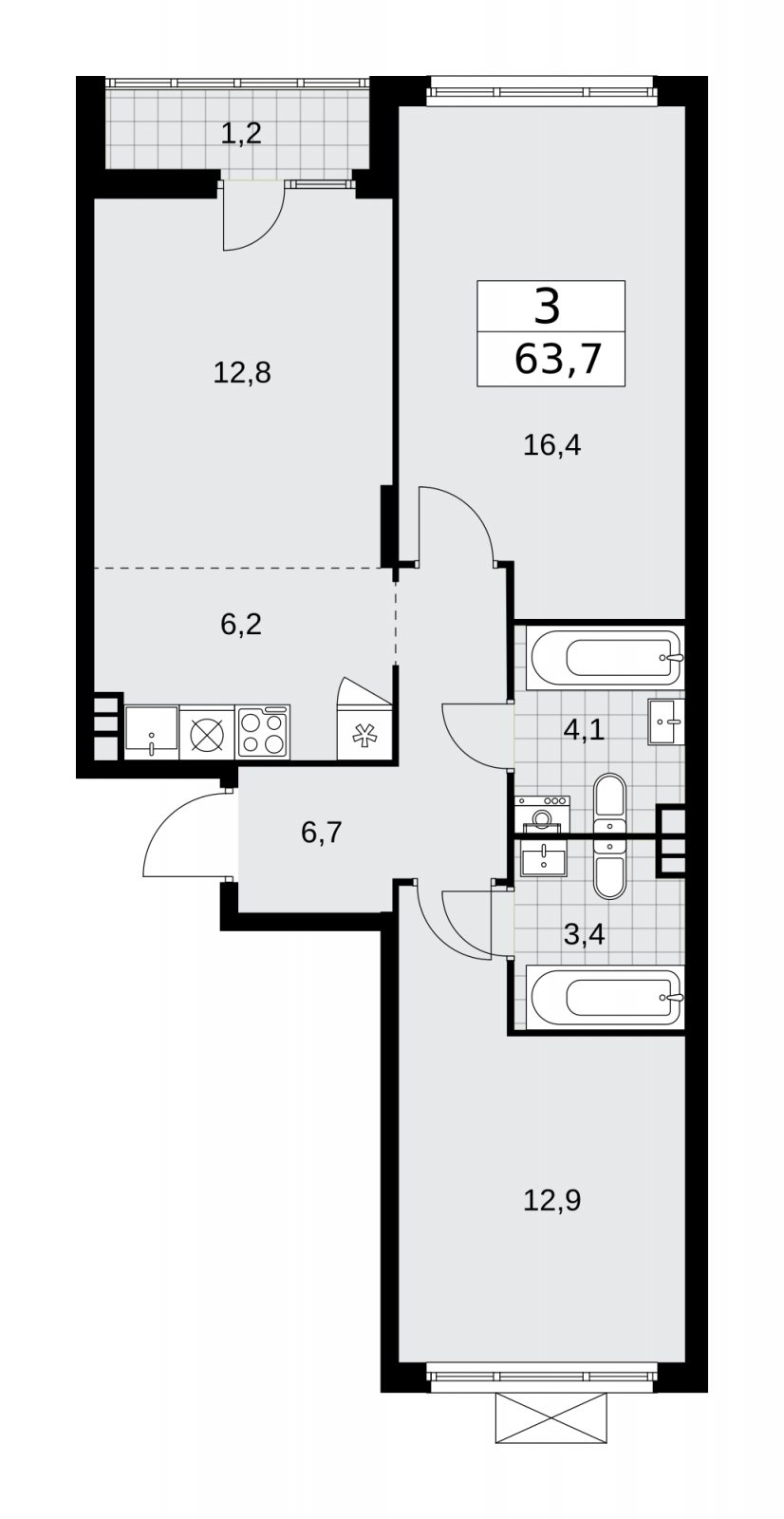 2-комнатная квартира с отделкой в ЖК Зарека на 3 этаже в 3 секции. Сдача в 3 кв. 2026 г.