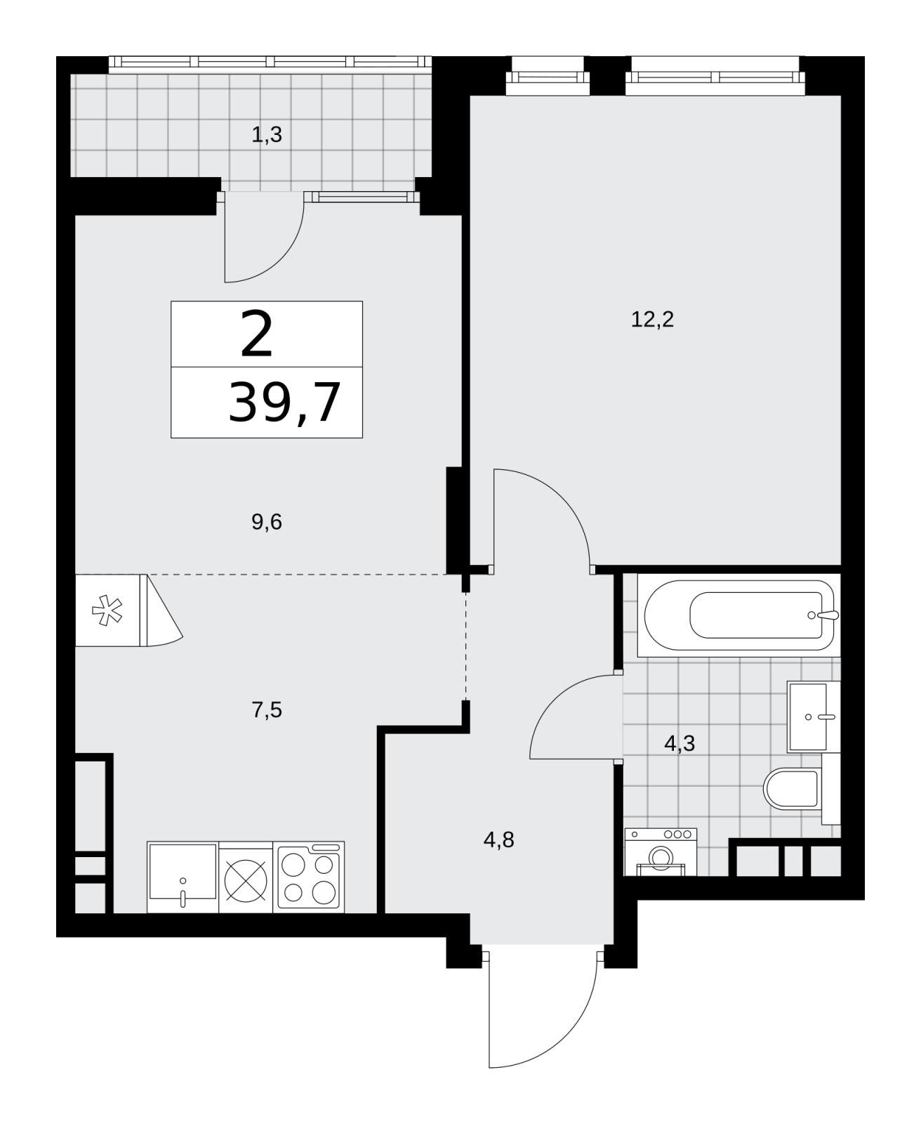 2-комнатная квартира в ЖК Преображенская площадь на 5 этаже в 3 секции. Сдача в 3 кв. 2024 г.