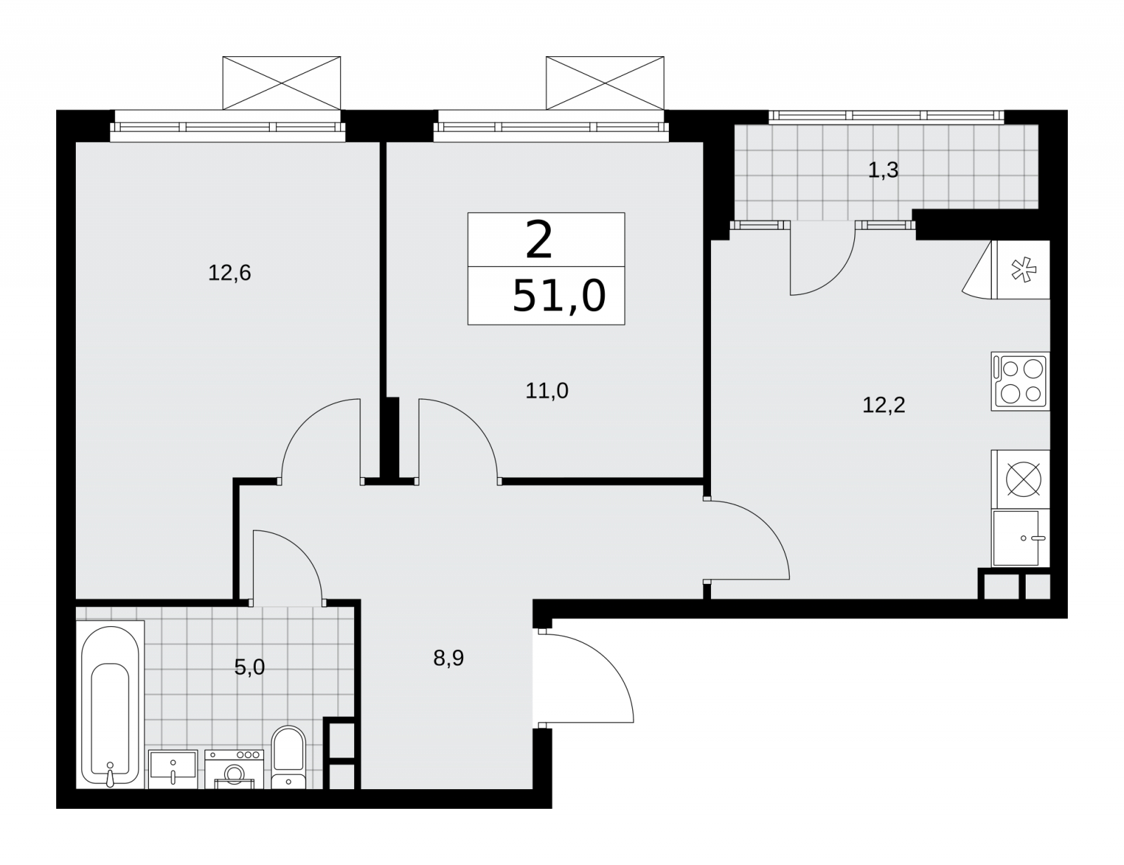 2-комнатная квартира в ЖК Деснаречье на 12 этаже в 3 секции. Сдача в 1 кв. 2026 г.