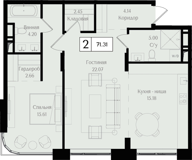 2-комнатная квартира в ЖК Преображенская площадь на 8 этаже в 2 секции. Сдача в 3 кв. 2025 г.