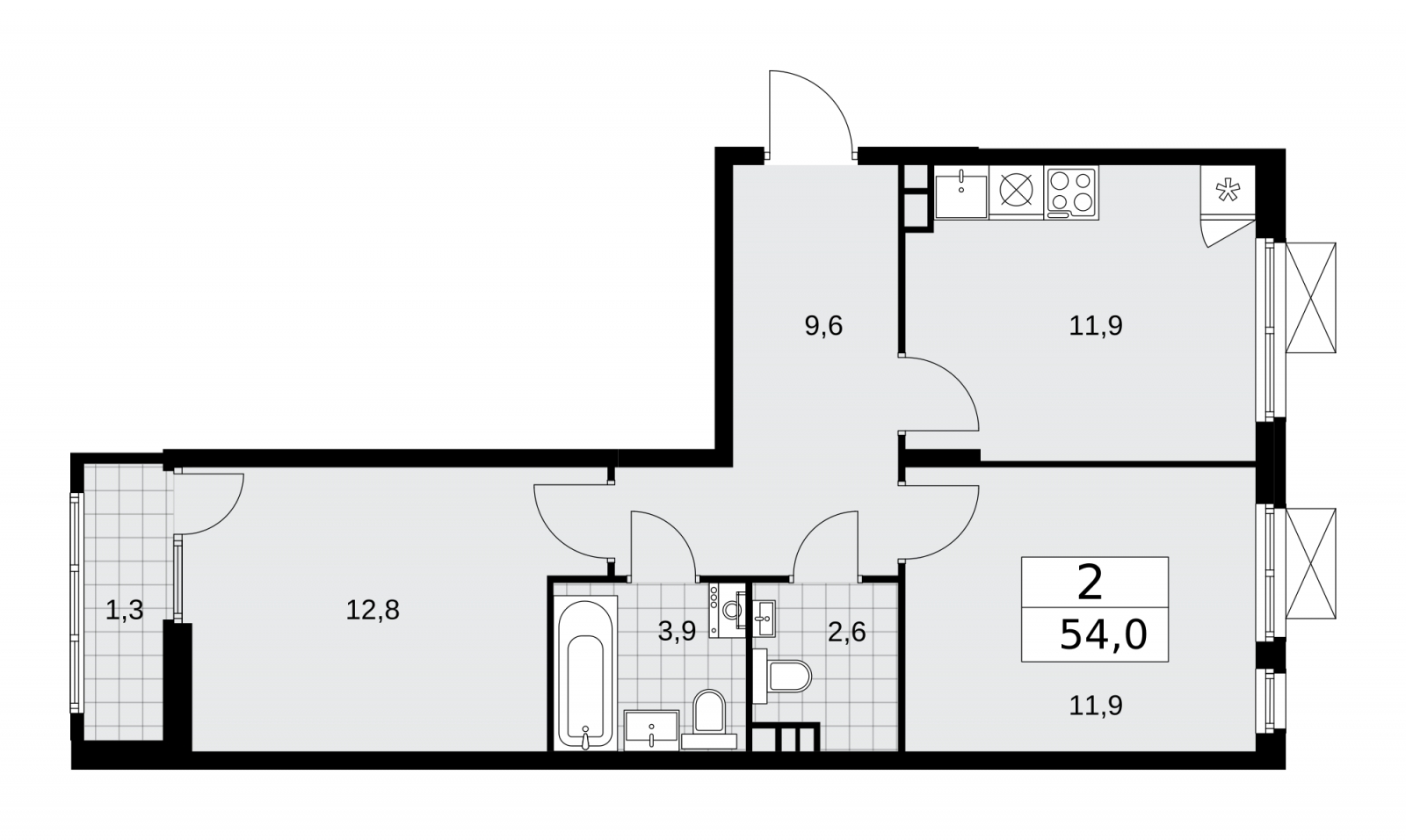 2-комнатная квартира в ЖК Эко-квартал VERY на 11 этаже в 1 секции. Сдача в 1 кв. 2024 г.