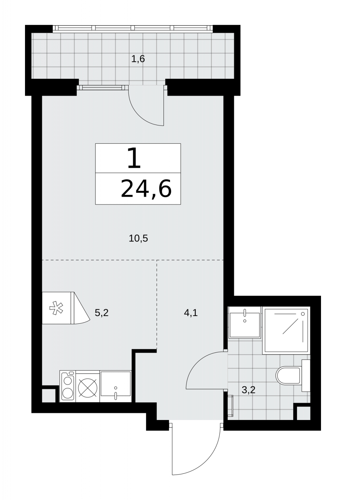 1-комнатная квартира (Студия) в ЖК Деснаречье на 11 этаже в 5 секции. Сдача в 1 кв. 2026 г.
