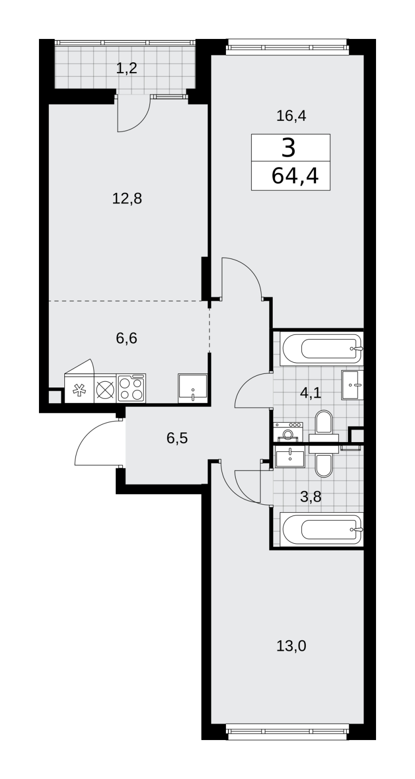 1-комнатная квартира в ЖК Преображенская площадь на 15 этаже в 3 секции. Сдача в 3 кв. 2025 г.