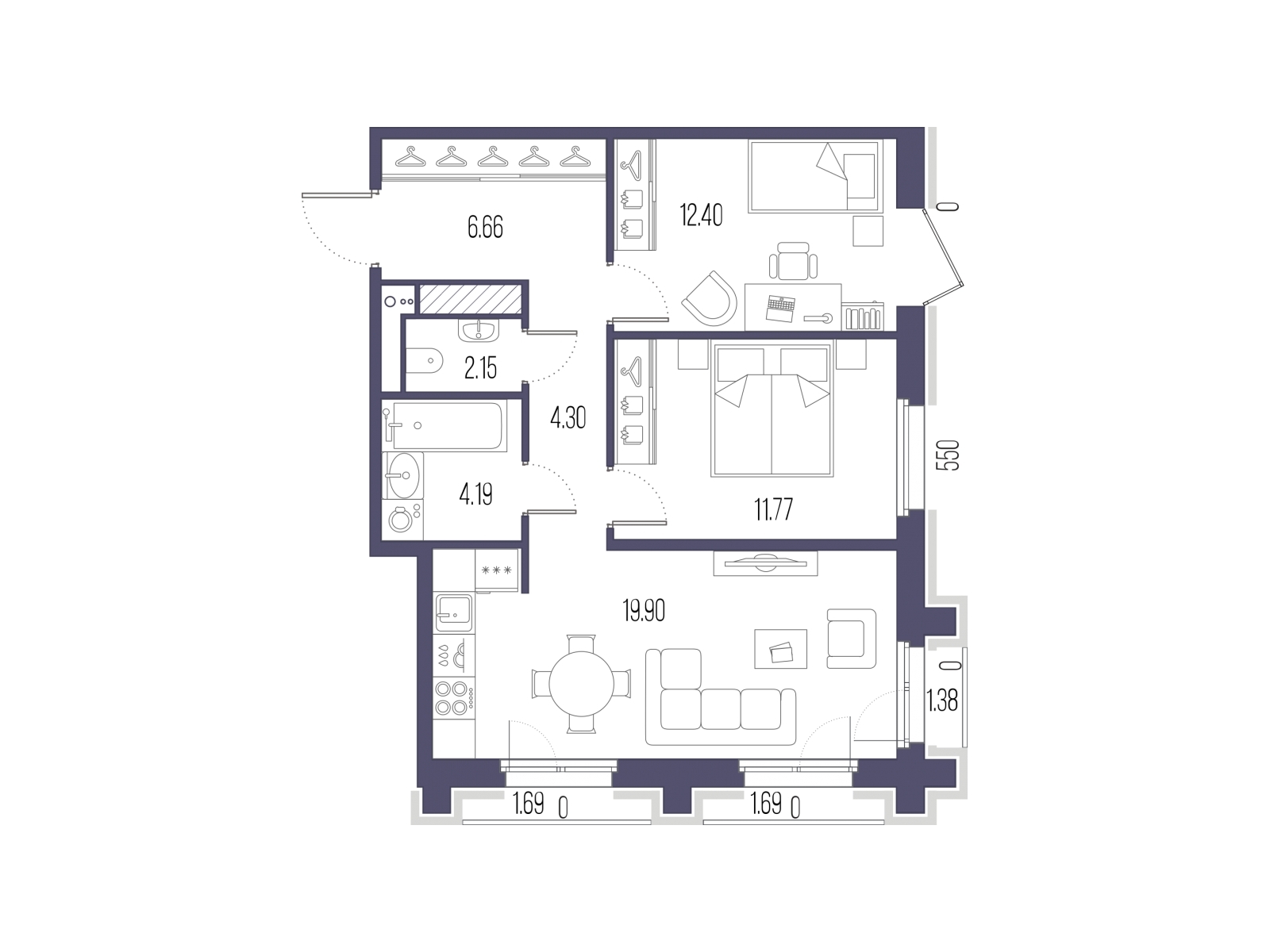 2-комнатная квартира с отделкой в ЖК Сампсониевский 32 на 7 этаже в 1 секции. Сдача в 4 кв. 2026 г.