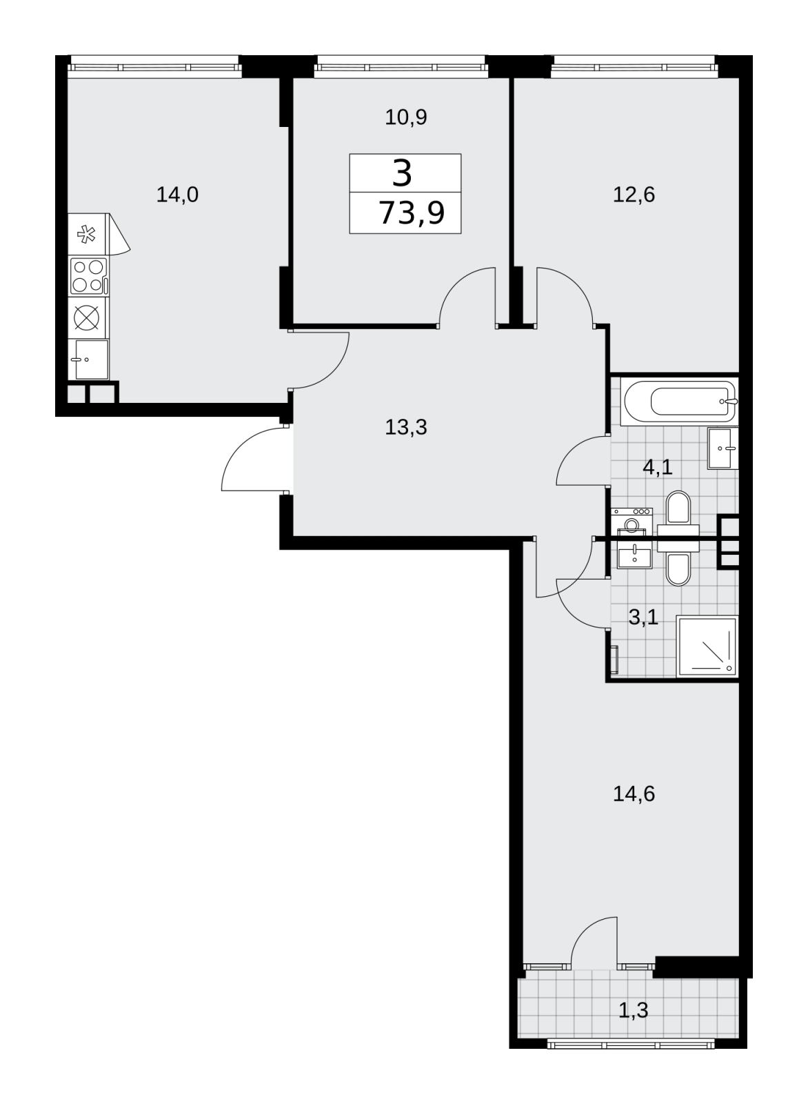 3-комнатная квартира в ЖК Преображенская площадь на 11 этаже в 4 секции. Сдача в 3 кв. 2024 г.