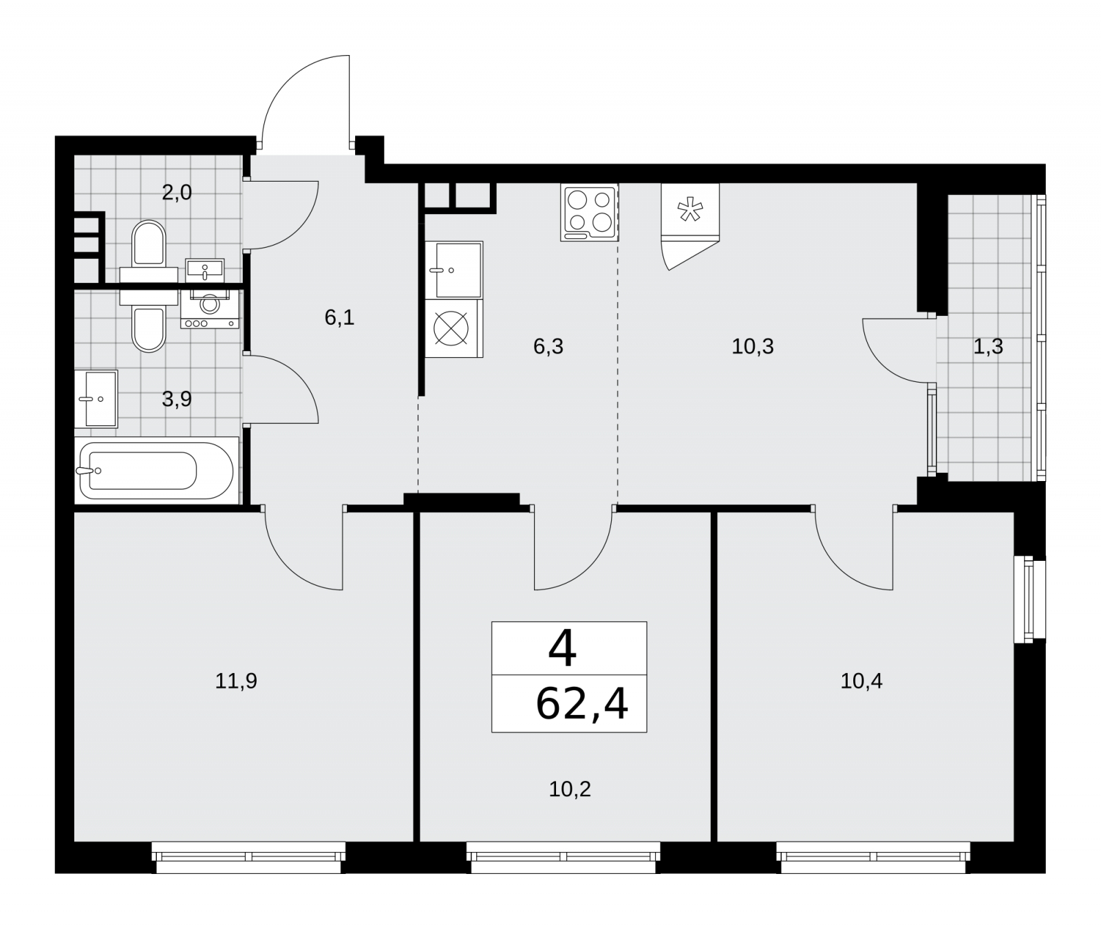 3-комнатная квартира в ЖК Интеллигент на 10 этаже в 1 секции. Сдача в 2 кв. 2024 г.