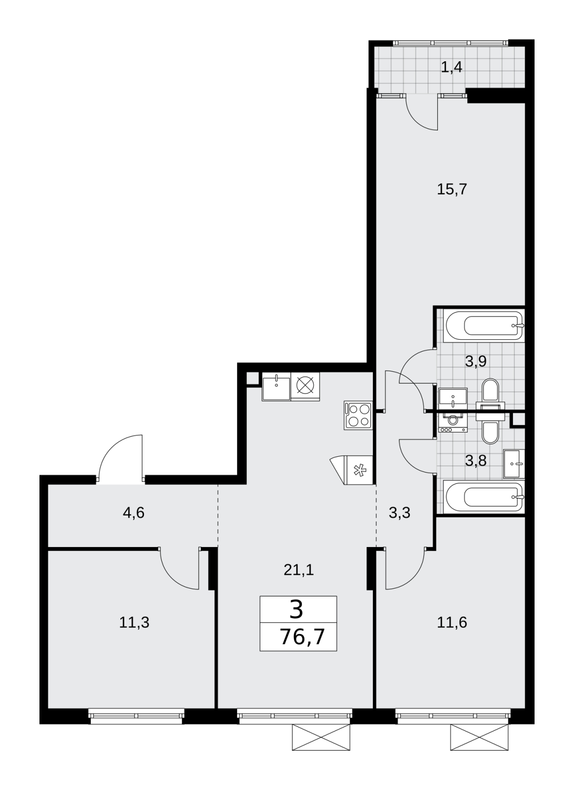3-комнатная квартира в ЖК Преображенская площадь на 17 этаже в 4 секции. Сдача в 3 кв. 2024 г.
