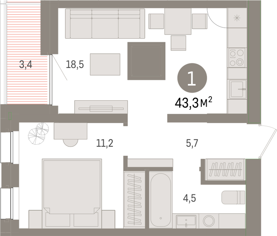 1-комнатная квартира в ЖК Преображенская площадь на 11 этаже в 1 секции. Сдача в 3 кв. 2025 г.