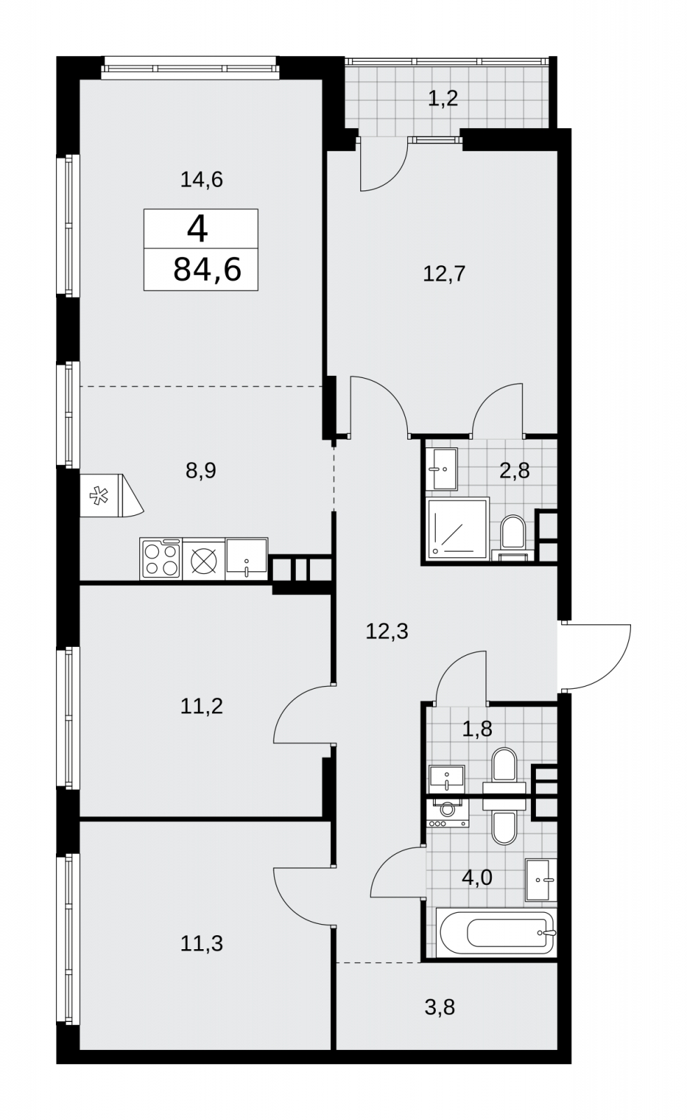 3-комнатная квартира в ЖК Деснаречье на 6 этаже в 2 секции. Сдача в 1 кв. 2026 г.