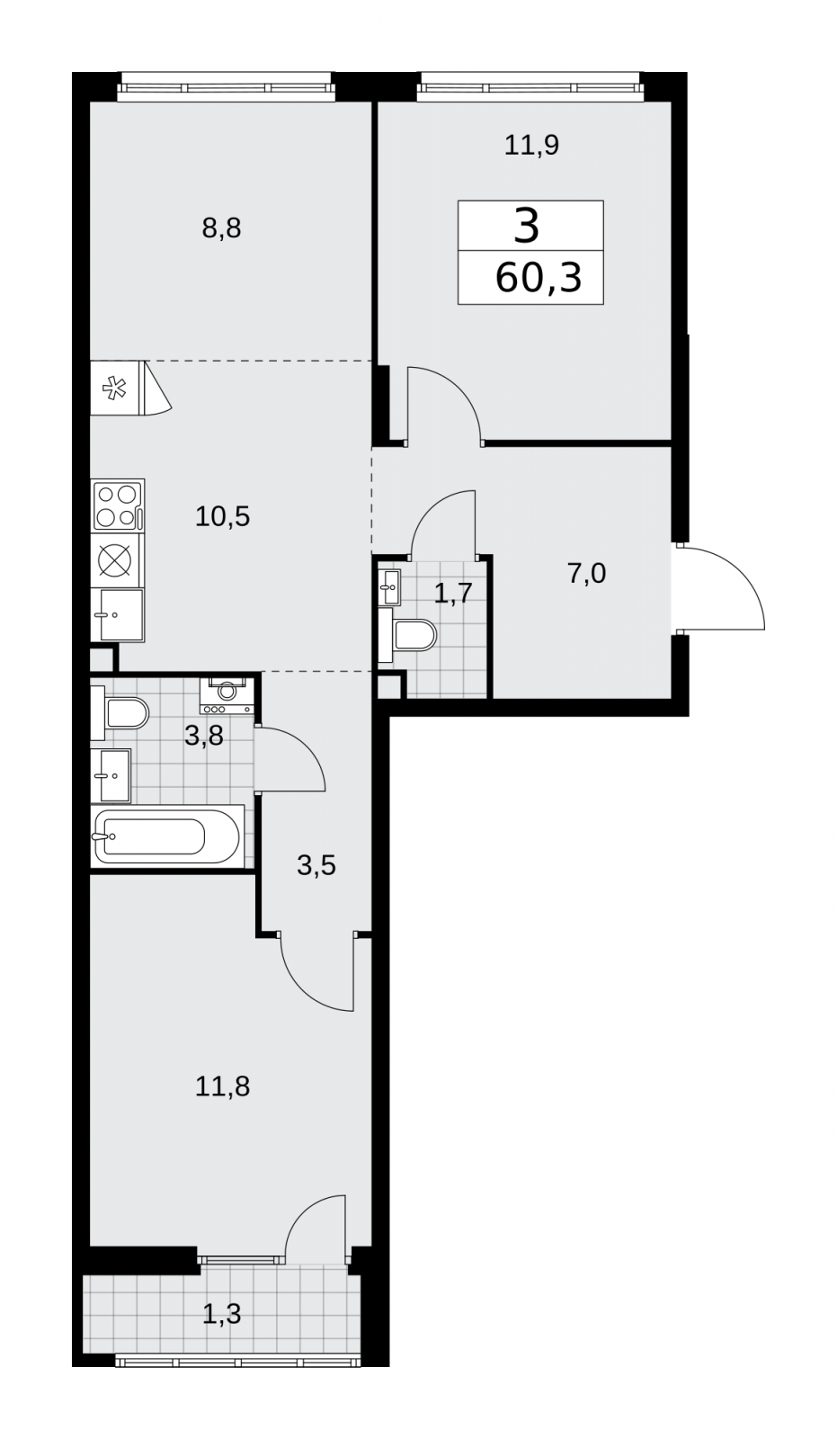 4-комнатная квартира в ЖК Деснаречье на 11 этаже в 1 секции. Сдача в 1 кв. 2026 г.