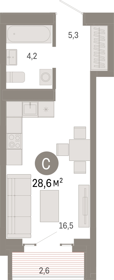 1-комнатная квартира (Студия) в ЖК Летний на 6 этаже в 1 секции. Сдача в 1 кв. 2025 г.