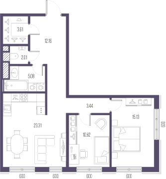 2-комнатная квартира в ЖК Преображенская площадь на 4 этаже в 3 секции. Сдача в 3 кв. 2024 г.