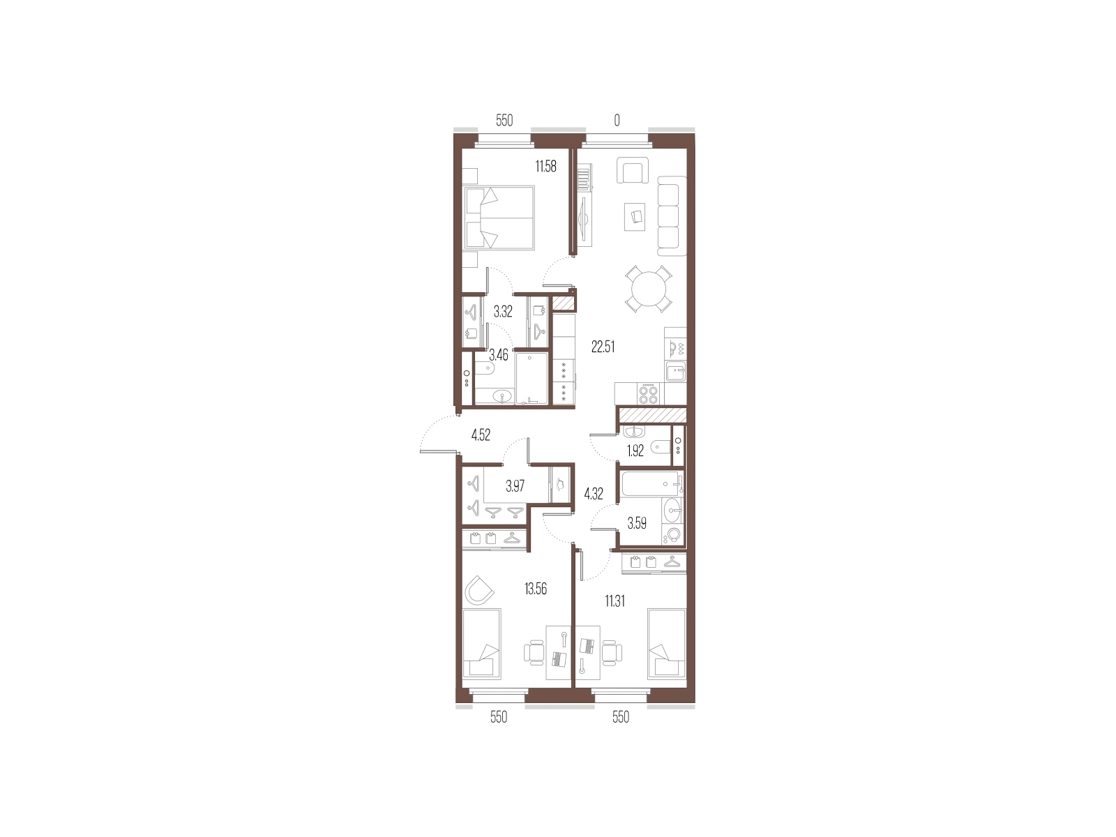 3-комнатная квартира в ЖК Преображенская площадь на 2 этаже в 1 секции. Сдача в 3 кв. 2025 г.