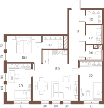 3-комнатная квартира в ЖК Преображенская площадь на 5 этаже в 1 секции. Сдача в 3 кв. 2025 г.