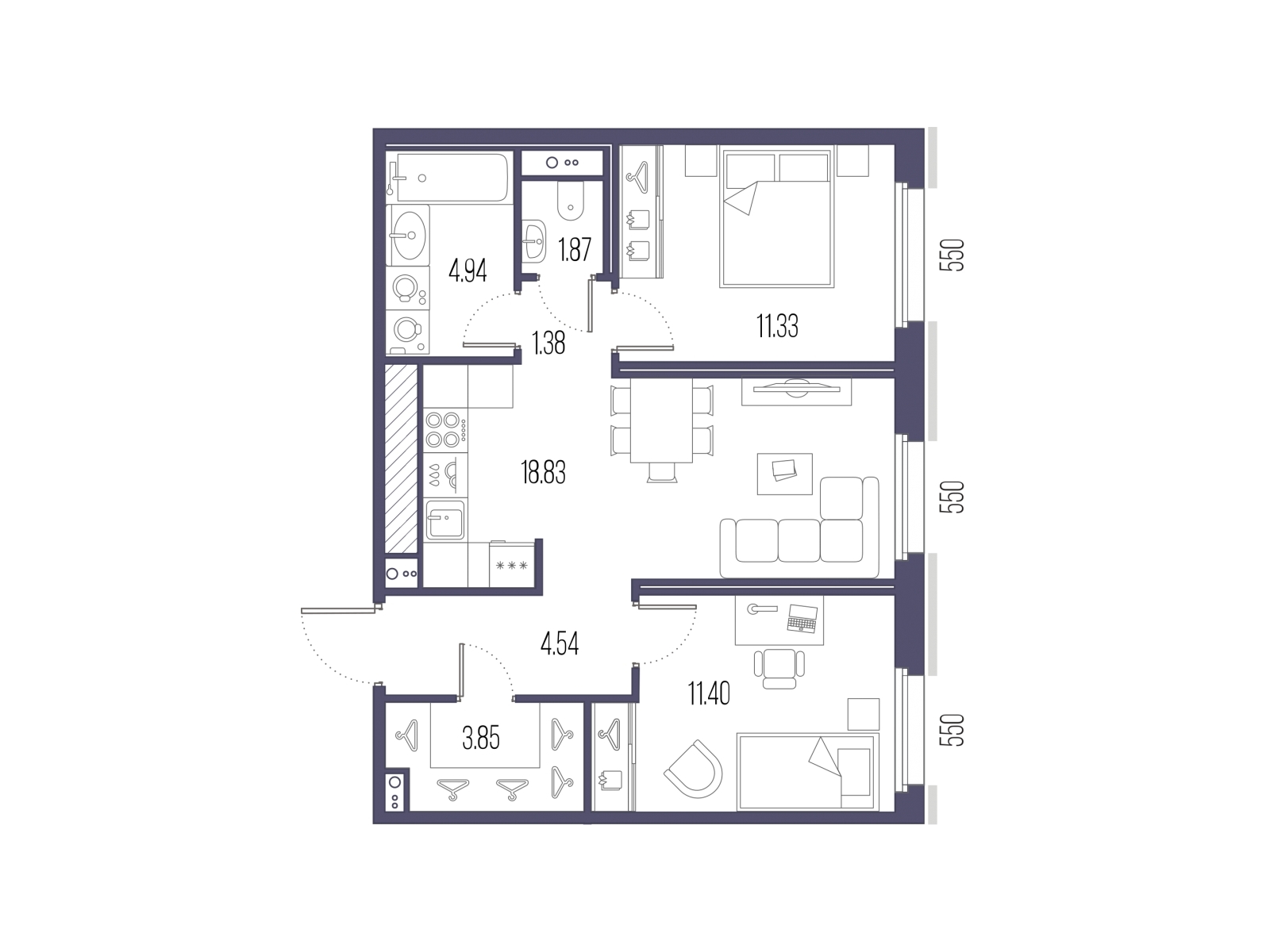 2-комнатная квартира в ЖК Преображенская площадь на 2 этаже в 2 секции. Сдача в 3 кв. 2025 г.