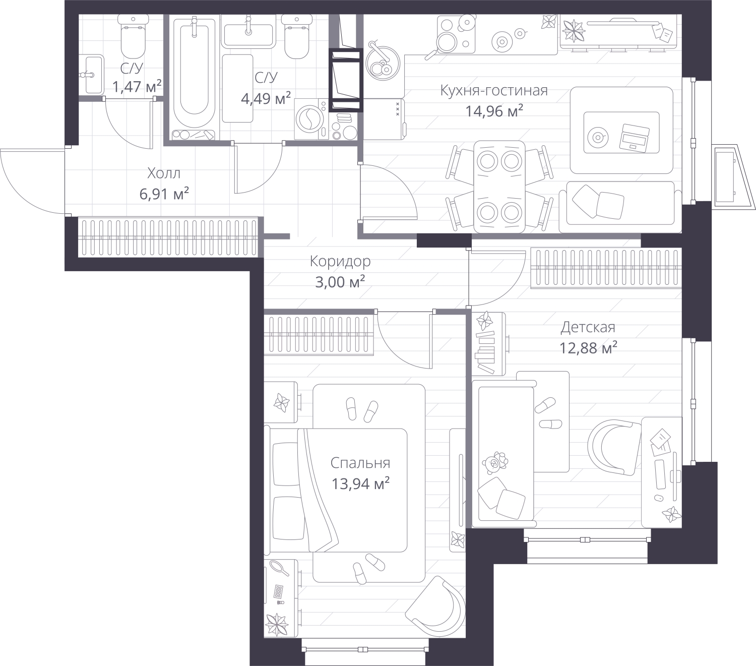 3-комнатная квартира в ЖК Преображенская площадь на 3 этаже в 4 секции. Сдача в 3 кв. 2024 г.